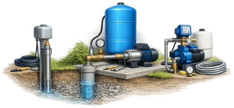 Illustration of pump services — submersible, booster, and jet pump installations.