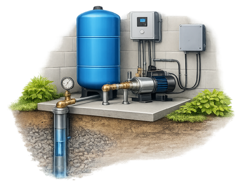 Illustration of a pressure system — pressure tank, pump, gauges, and control panels.